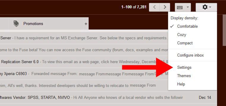 GMail email setting access menu