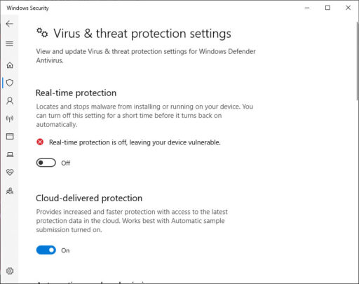 Windows 10 turn off real-time protection