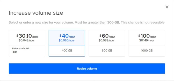 Digitalocean increase volume size panel